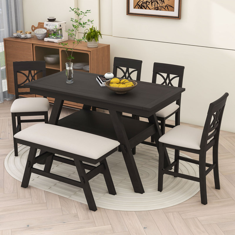 Dauphin Farmhouse 6pcs Counter Height Dining Table Set with Shelf Bench and 4 Upholstered Chairs Lark Manor Color Espresso